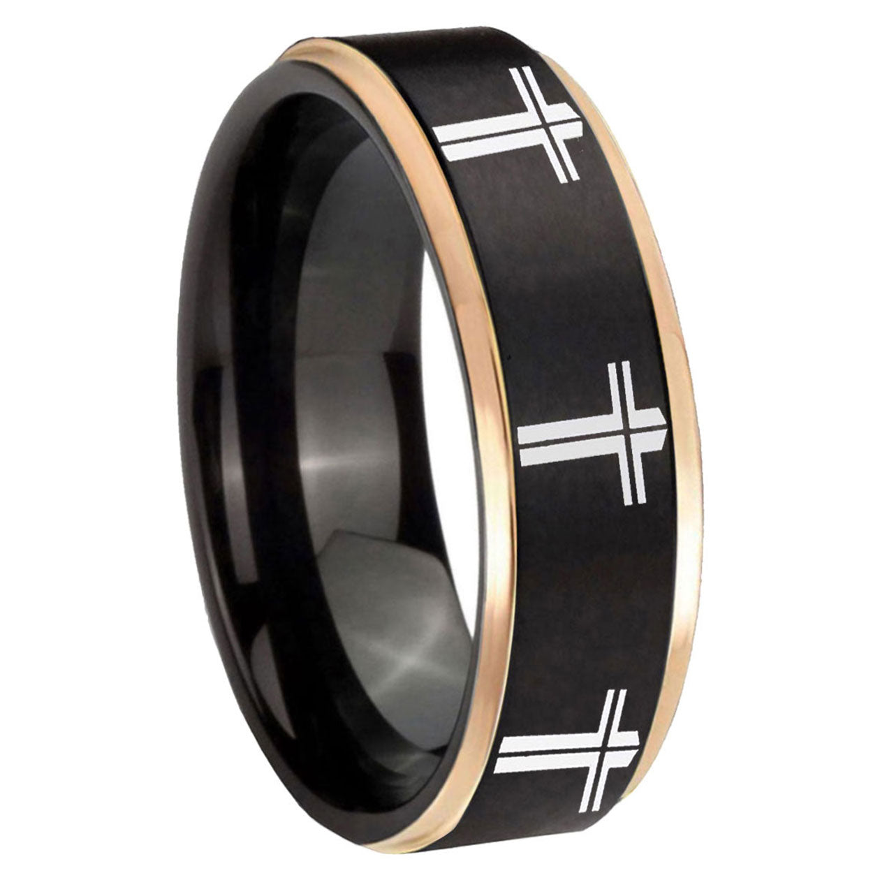 8mm Multiple Christian Cross Rose Gold Step Edge Black Tungsten Ring