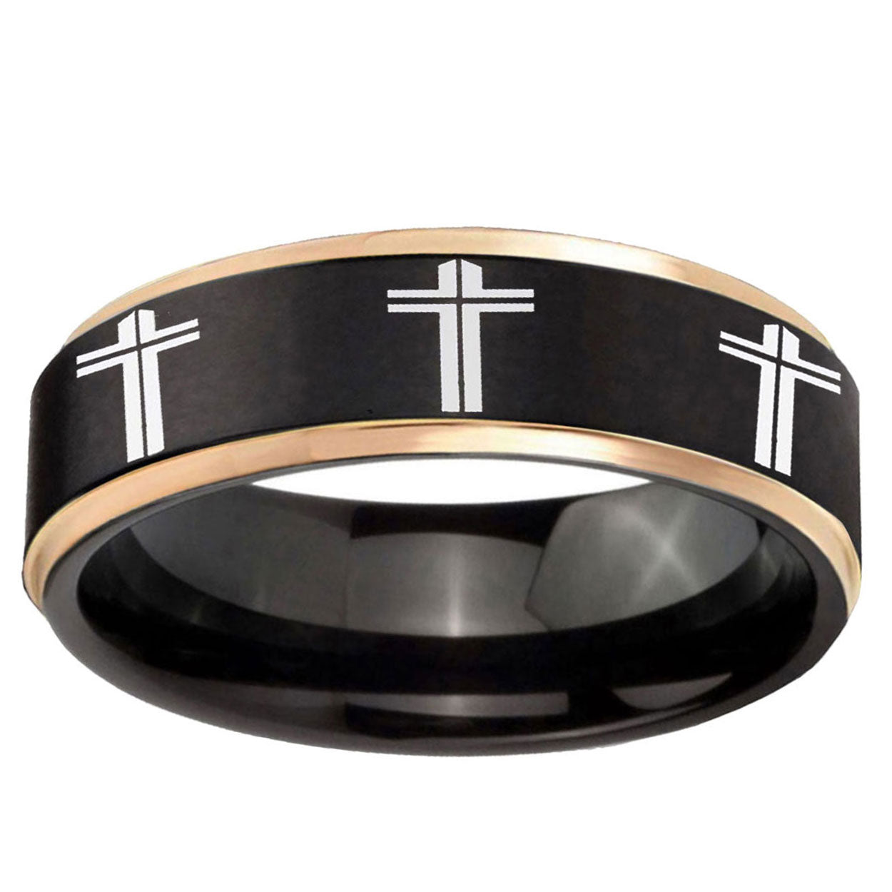 6mm Multiple Christian Cross Rose Gold Step Edge Black Tungsten Ring