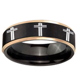 6mm Multiple Christian Cross Rose Gold Step Edge Black Tungsten Men's Band Ring