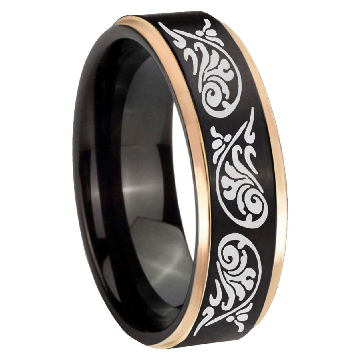 8mm Etched Tribal Pattern Rose Gold Step Edge Black Tungsten Ring