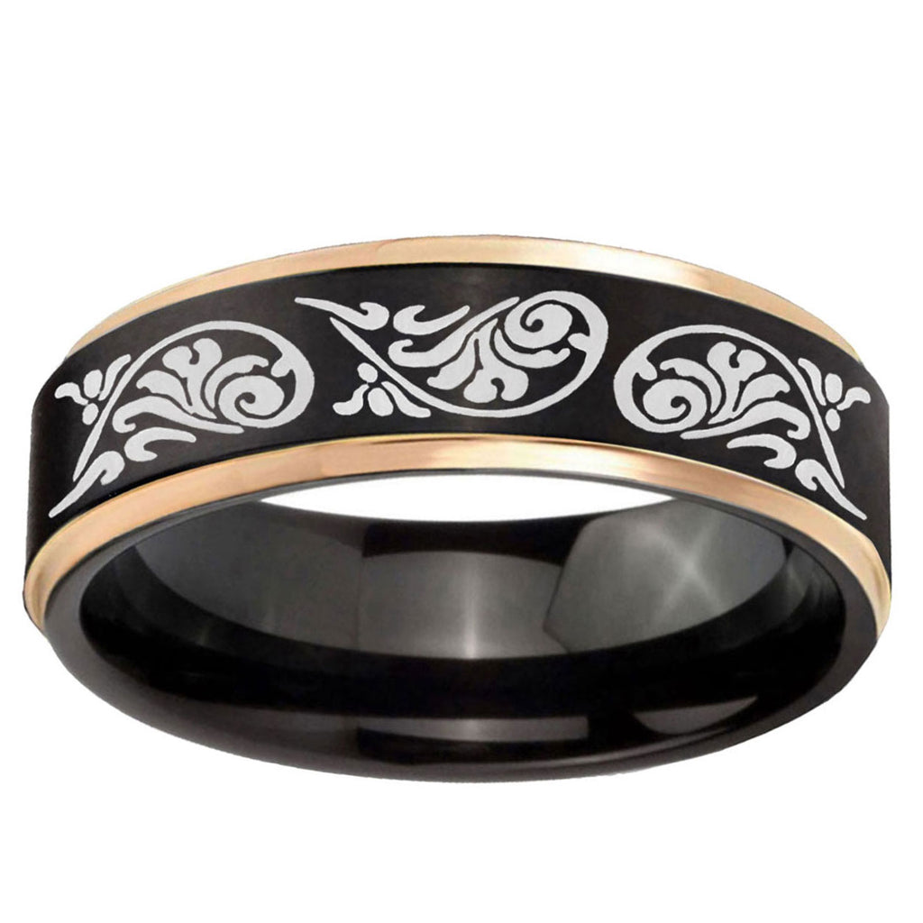 6mm Etched Tribal Pattern Rose Gold Step Edge Black Tungsten Ring