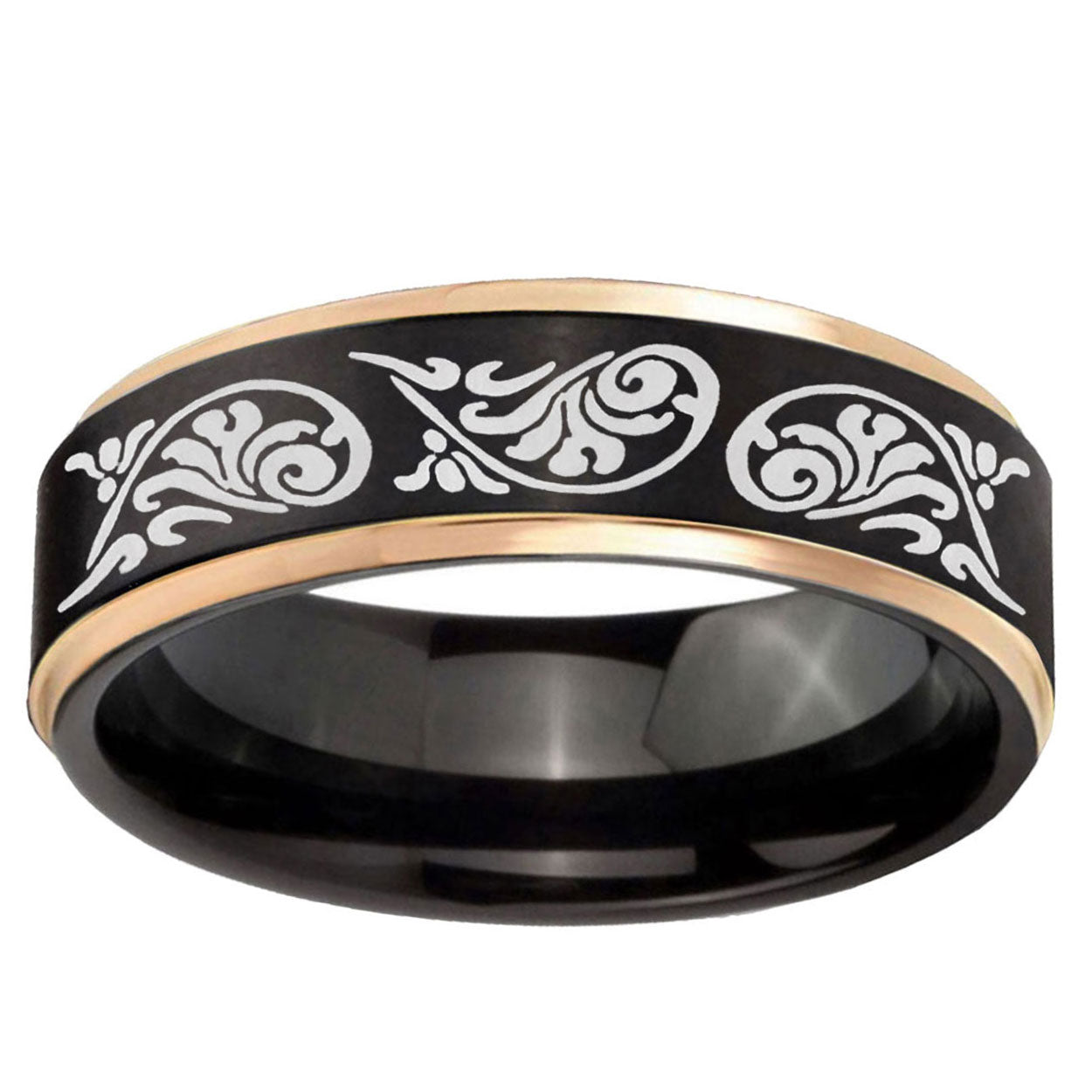 6mm Etched Tribal Pattern Rose Gold Step Edge Black Tungsten Ring