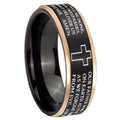 8mm Etched Lord's Prayer Cross Rose Gold Step Edge Black Tungsten Ring