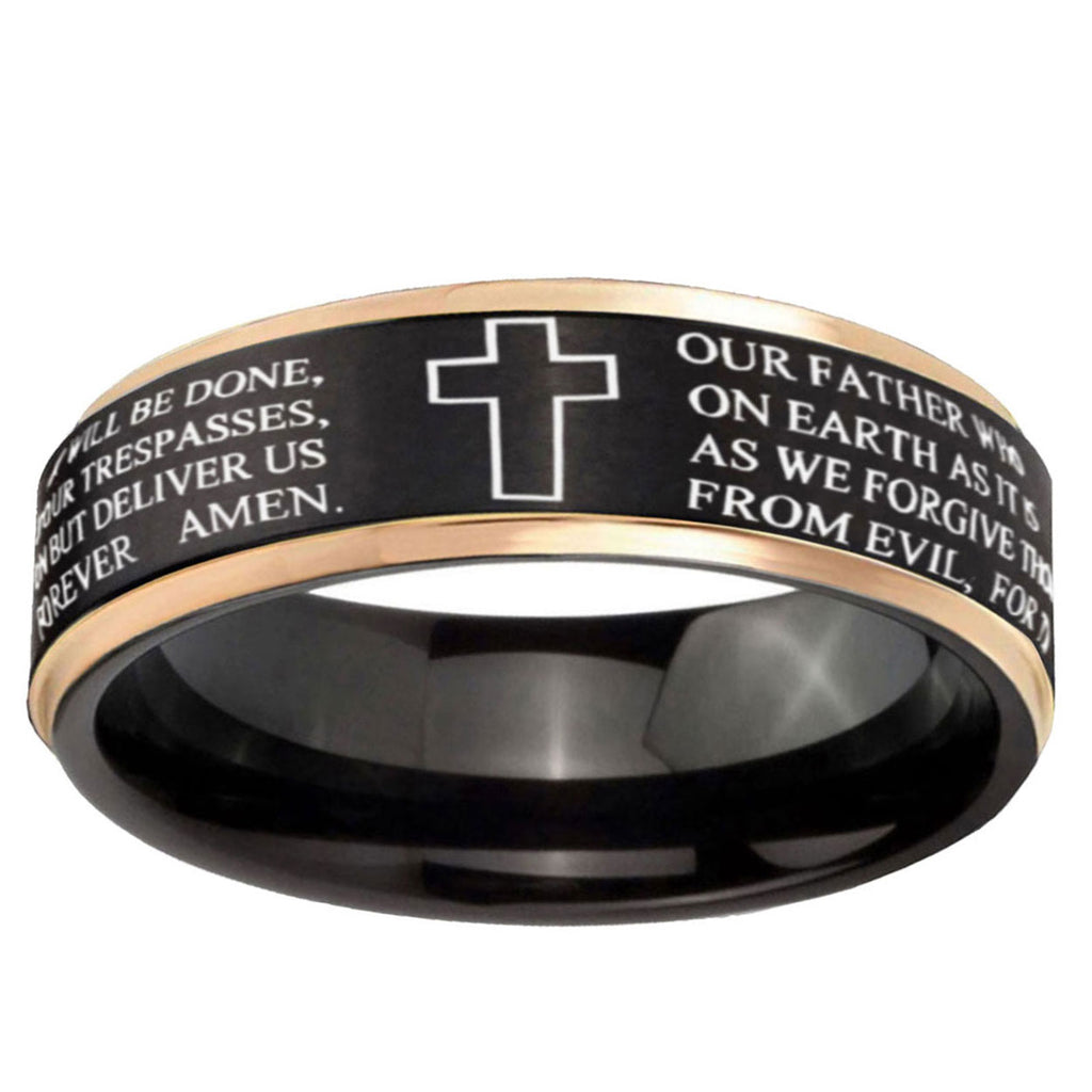 6mm Etched Lord's Prayer Cross Rose Gold Step Edge Black Tungsten Ring
