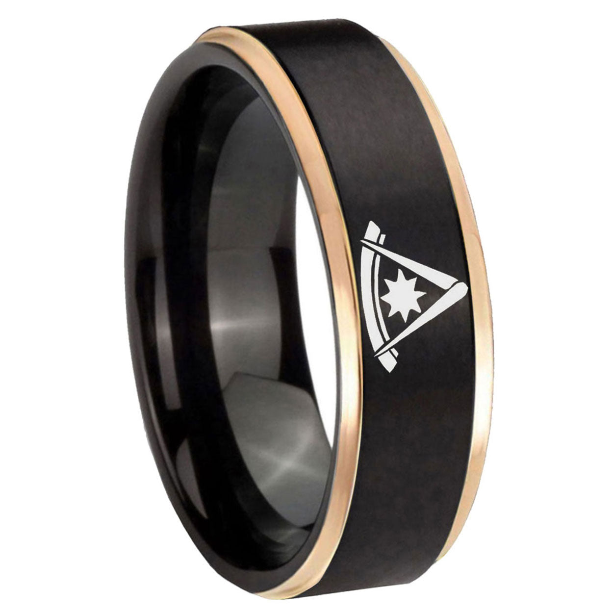 8mm Pester Master Masonic Rose Gold Step Edge Black Tungsten Band