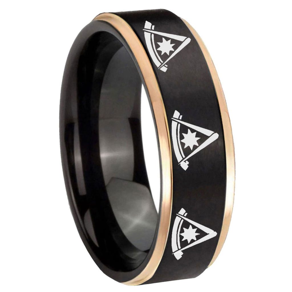 8mm Multiple Pester Master Masonic Rose Gold Step Edge Black Tungsten Ring