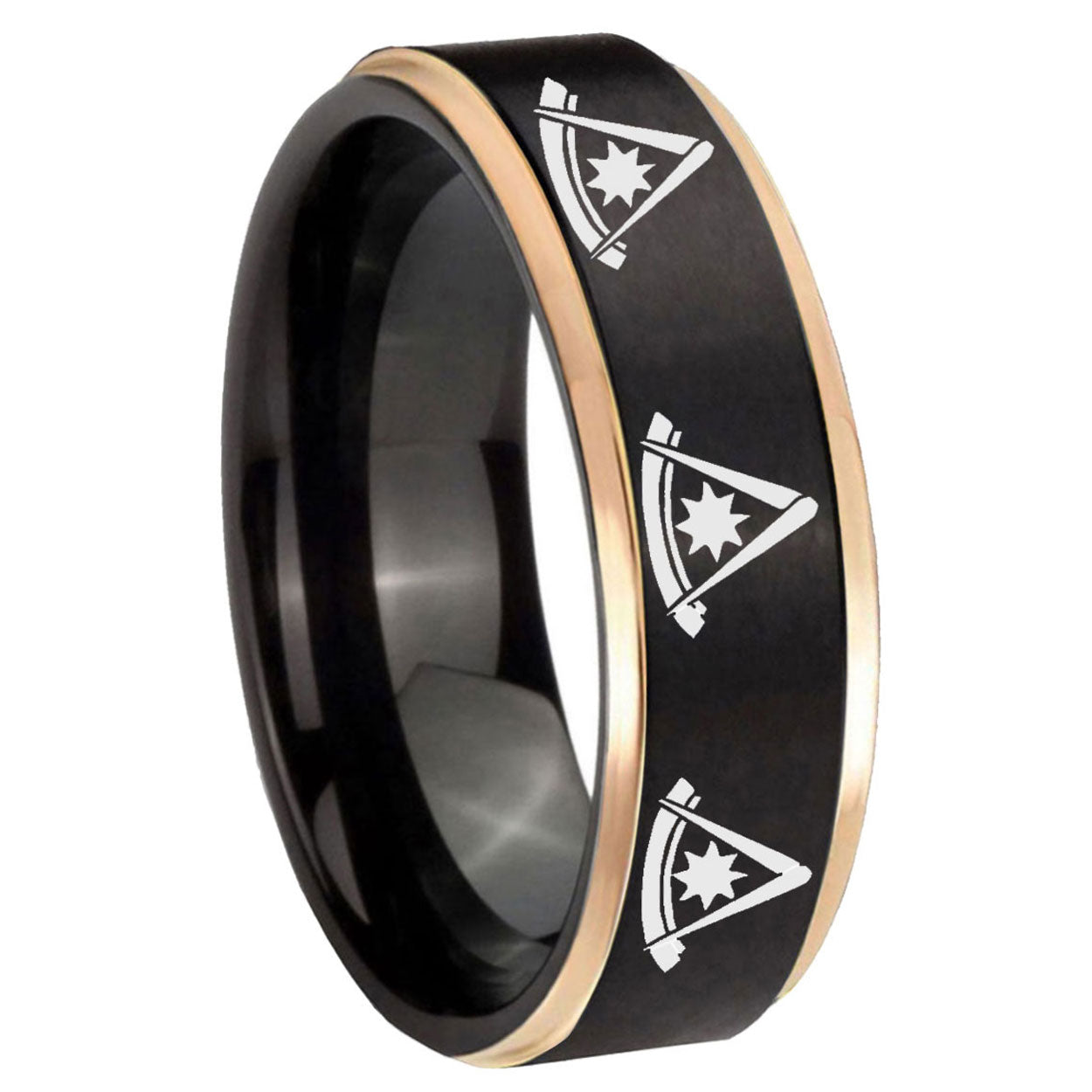 8mm Multiple Pester Master Masonic Rose Gold Step Edge Black Tungsten Ring