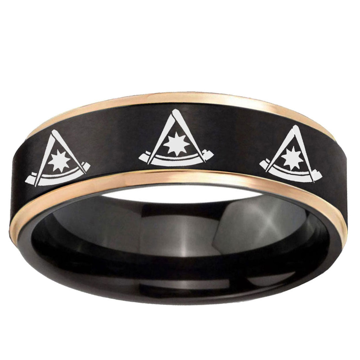 6mm Multiple Pester Master Masonic Rose Gold Step Edge Black Tungsten Ring