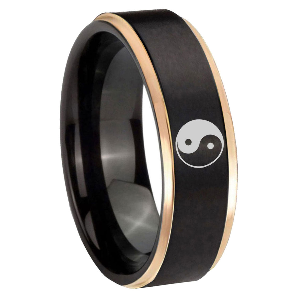 8mm Yin Yang Rose Gold Step Edge Black Tungsten Custom Ring