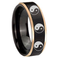 8mm Multiple Yin Yang Rose Gold Step Edge Black Tungsten Ring