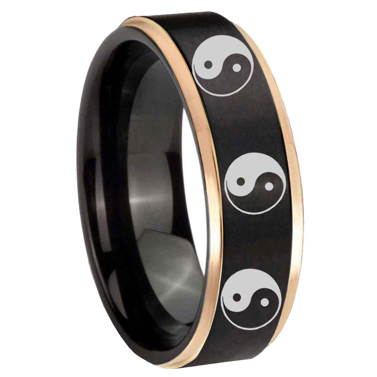 8mm Multiple Yin Yang Rose Gold Step Edge Black Tungsten Ring