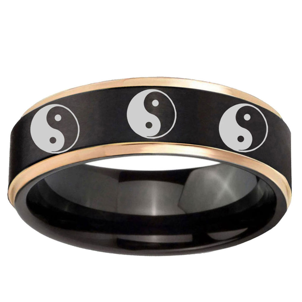 6mm Multiple Yin Yang Rose Gold Step Edge Black Tungsten Ring