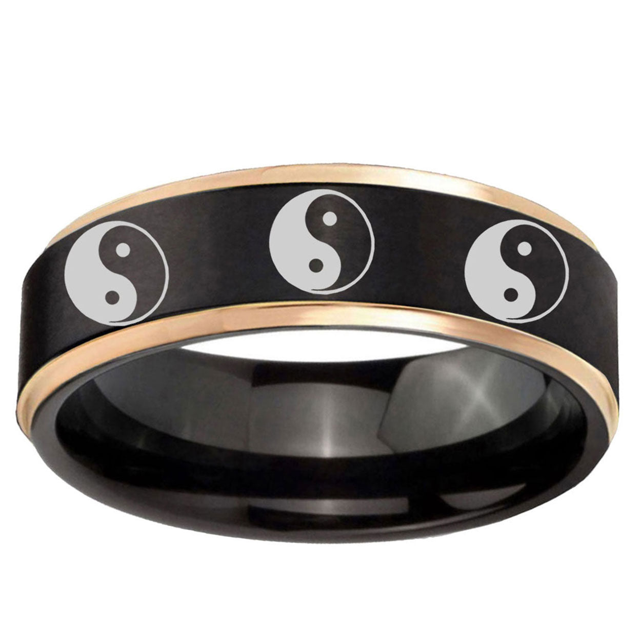 6mm Multiple Yin Yang Rose Gold Step Edge Black Tungsten Ring