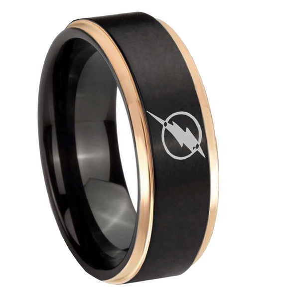 8mm Flash Step Edge Black Rose Gold Custom Engraved Mens Rings