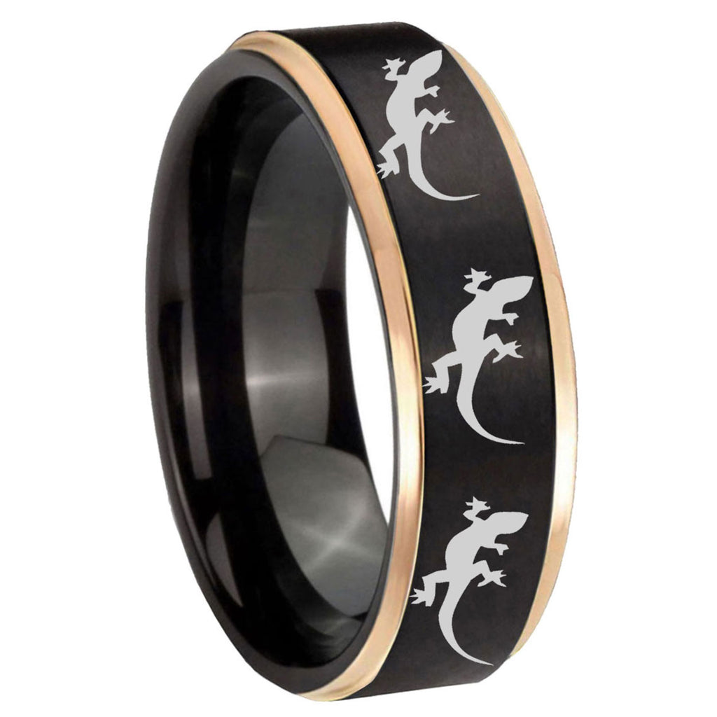 8mm Multiple Lizard Rose Gold Step Edge Black Tungsten Ring