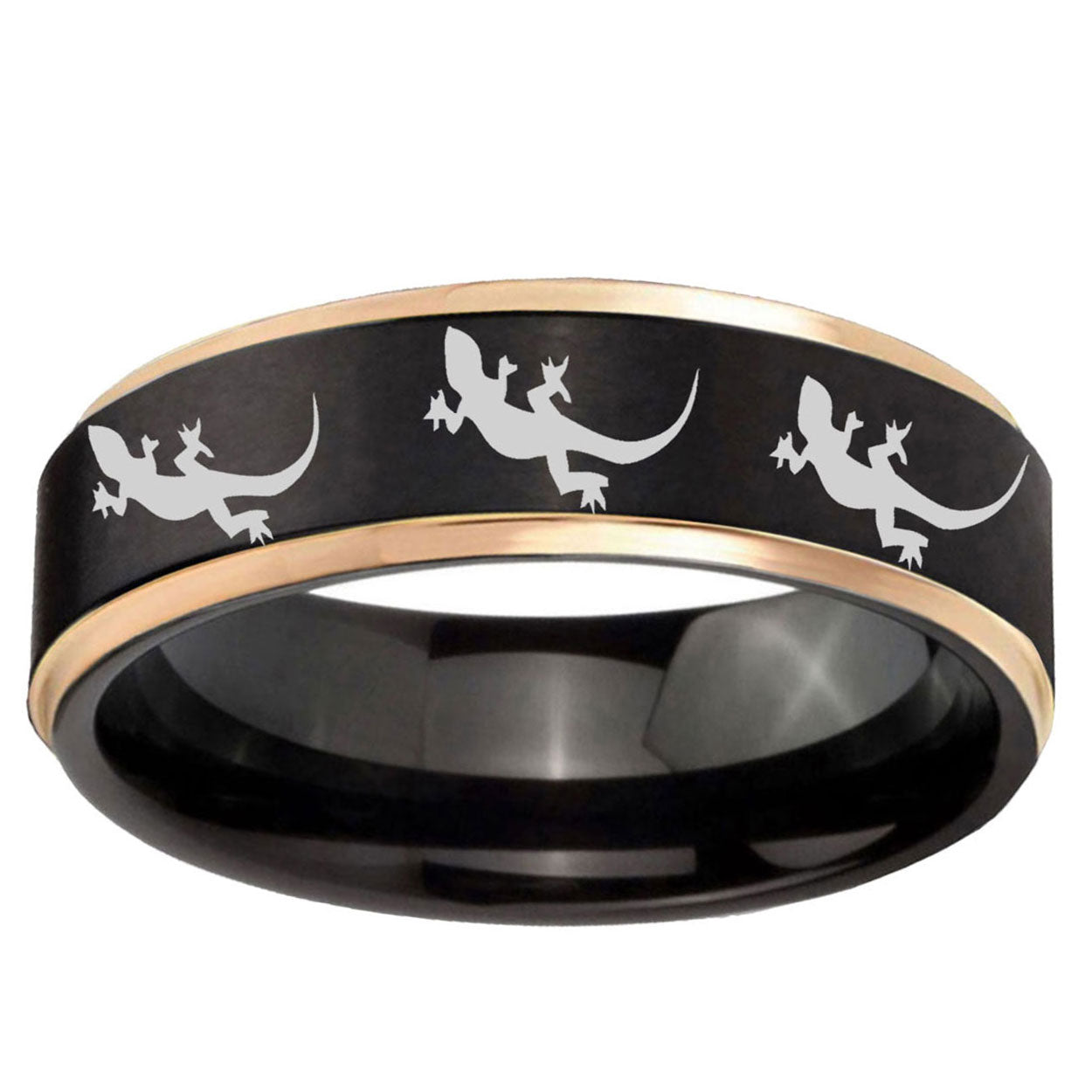 6mm Multiple Lizard Rose Gold Step Edge Black Tungsten Ring