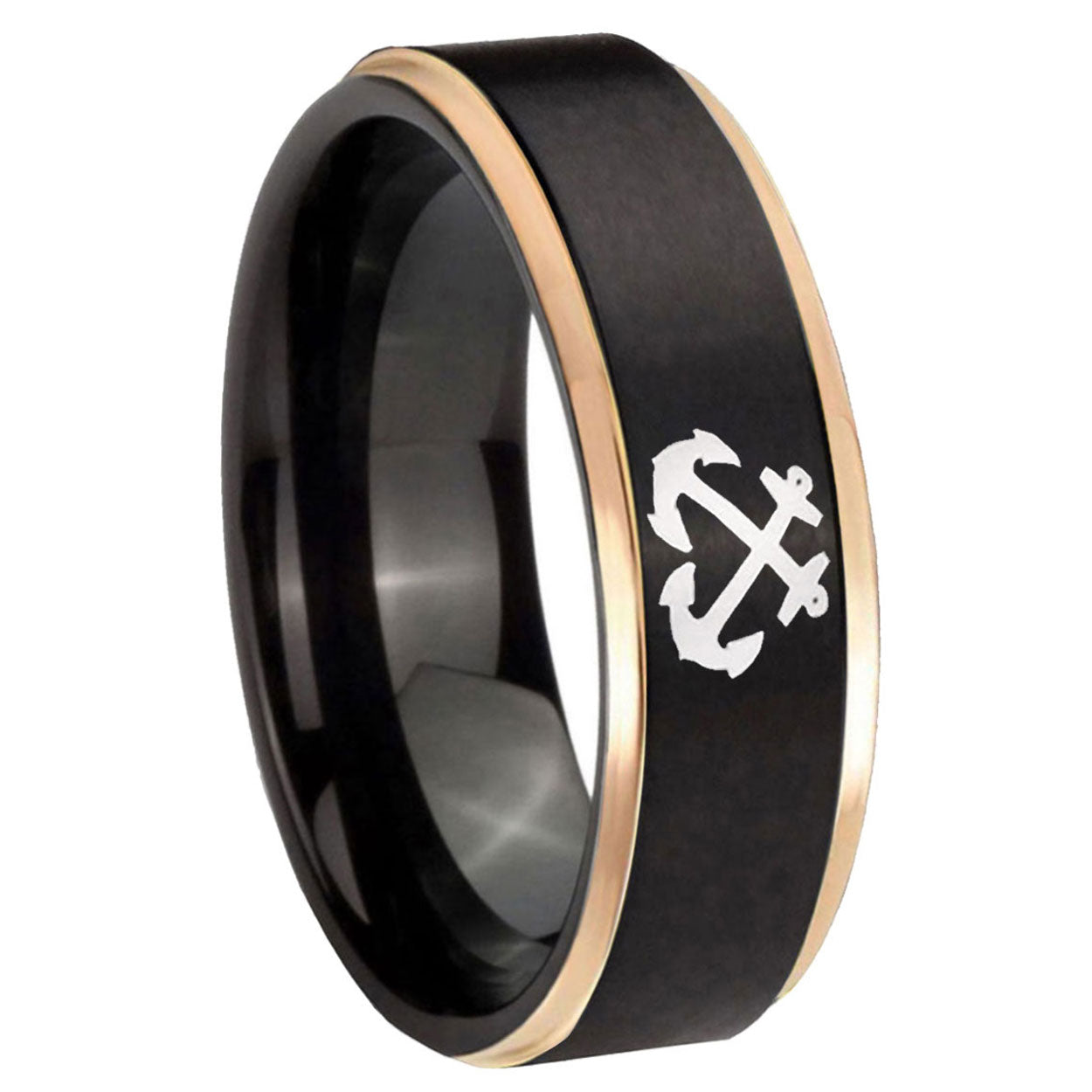 8mm Anchor Rose Gold Step Edge Black Tungsten Wedding Band
