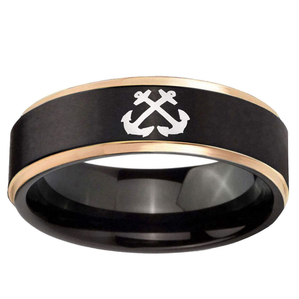 6mm Anchor Rose Gold Step Edge Black Tungsten Wedding Band