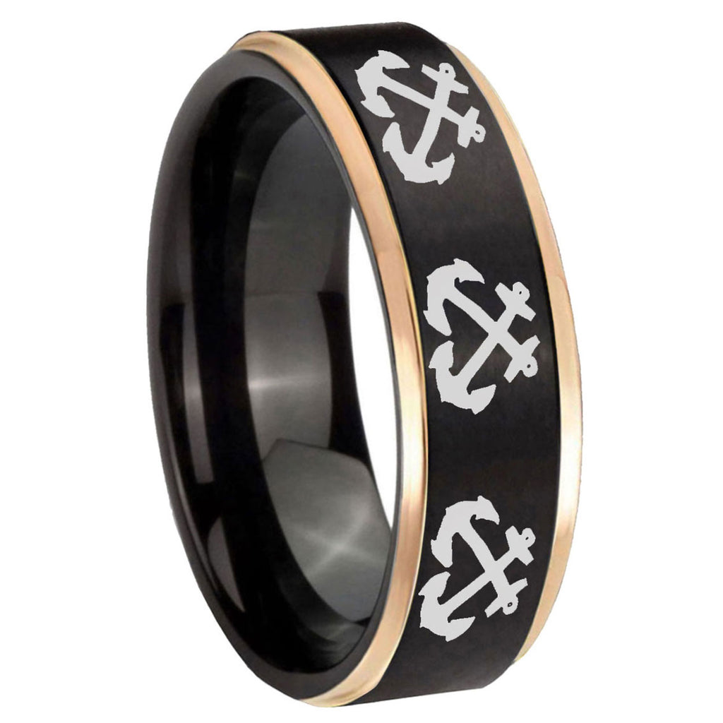 8mm Multiple Anchor Rose Gold Step Edge Black Tungsten Ring