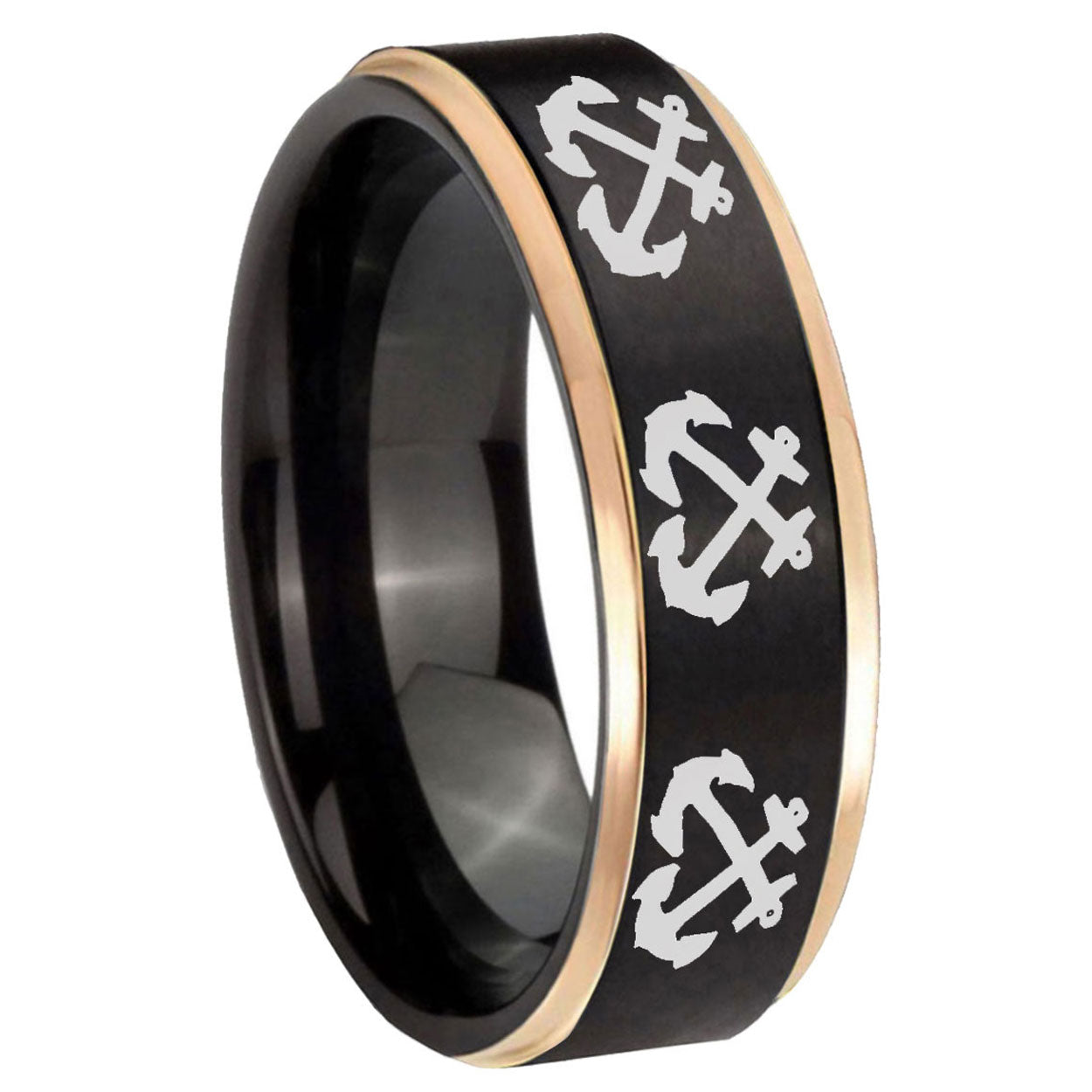 8mm Multiple Anchor Rose Gold Step Edge Black Tungsten Ring