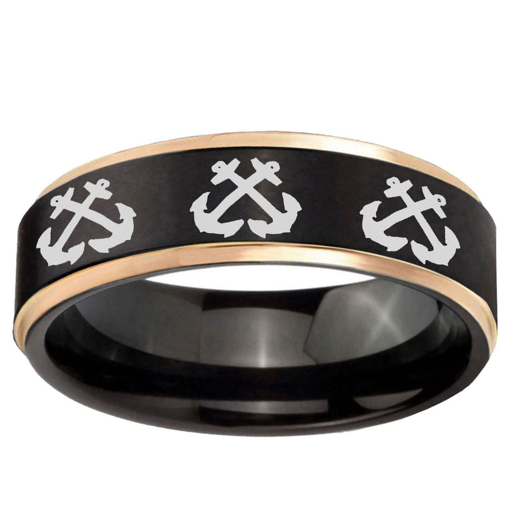 6mm Multiple Anchor Rose Gold Step Edge Black Tungsten Ring