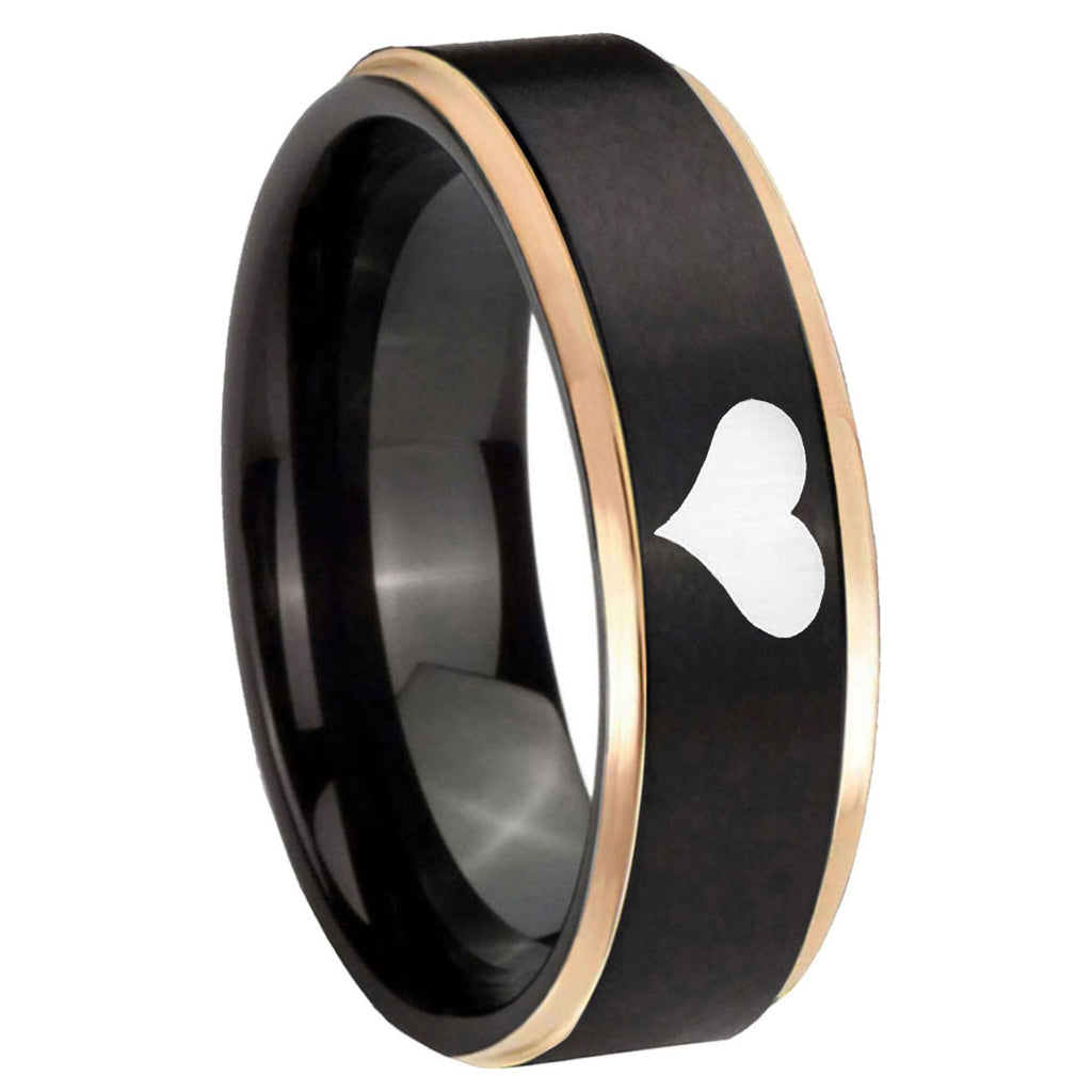8mm Heart Rose Gold Step Edge Black Tungsten Engraved Ring