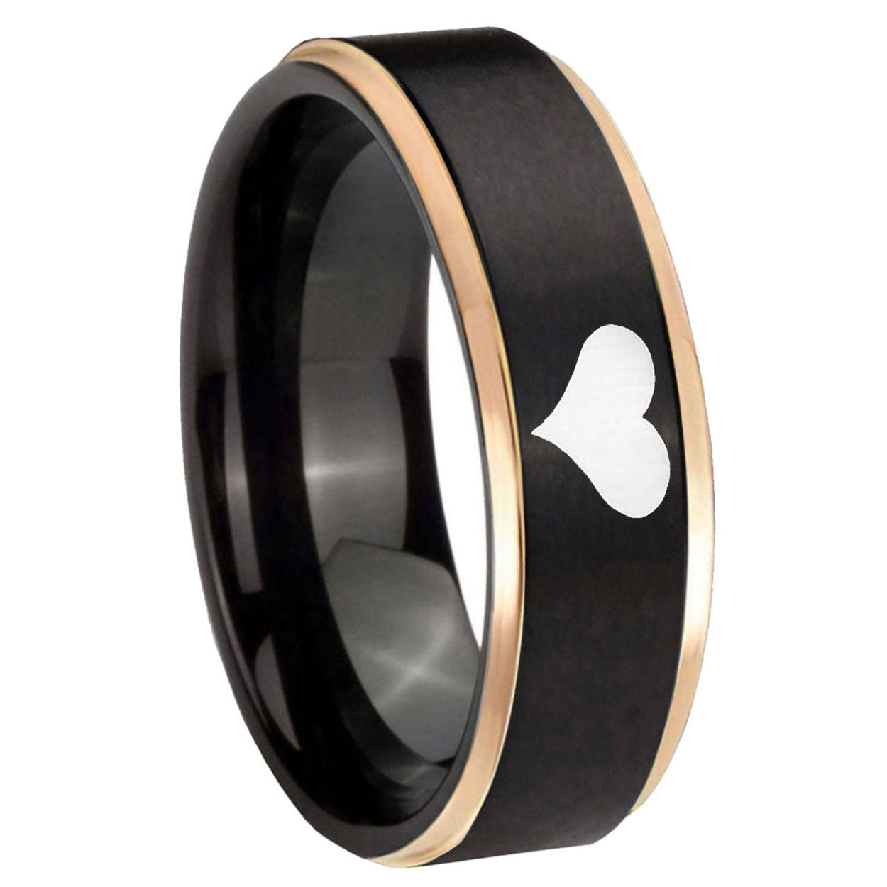 8mm Heart Rose Gold Step Edge Black Tungsten Engraved Ring