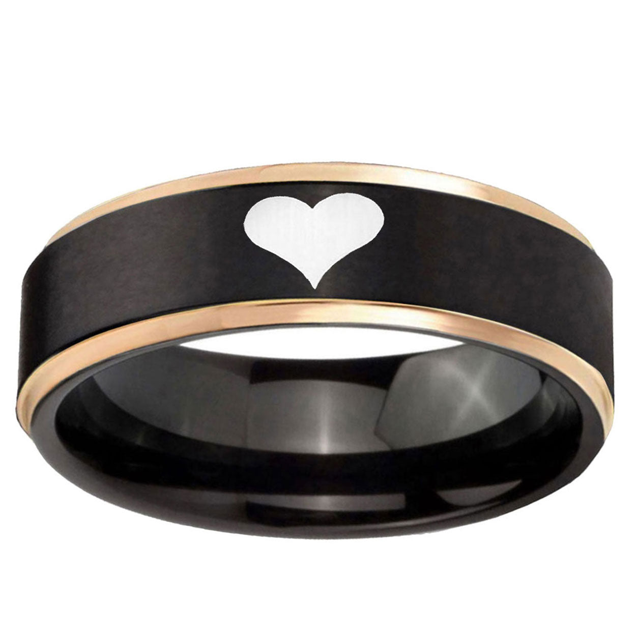 6mm Heart Rose Gold Step Edge Black Tungsten Engraved Ring