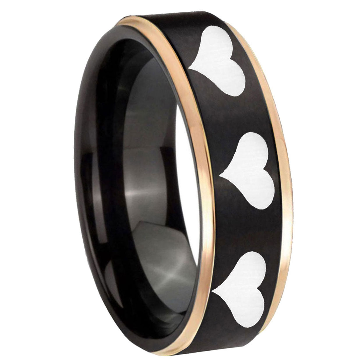 8mm Multiple Heart Rose Gold Step Edge Black Tungsten Ring