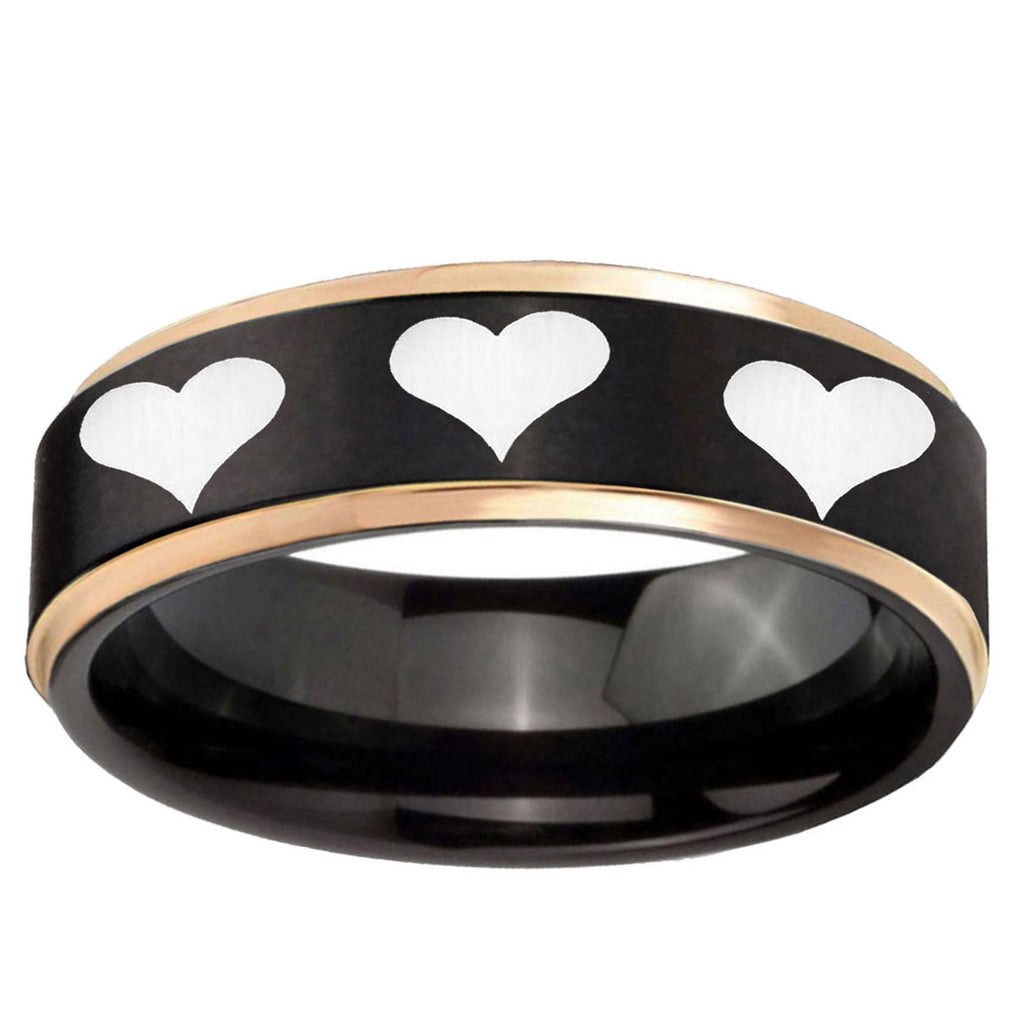 6mm Multiple Heart Rose Gold Step Edge Black Tungsten Ring