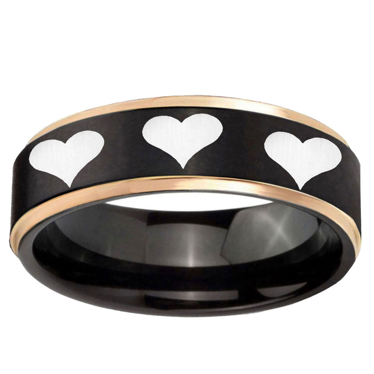 6mm Multiple Heart Rose Gold Step Edge Black Tungsten Ring