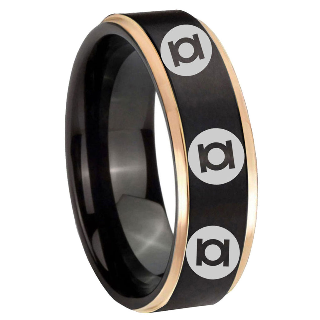 8mm Multiple Green Lantern Rose Gold Step Edge Black Unique Ring