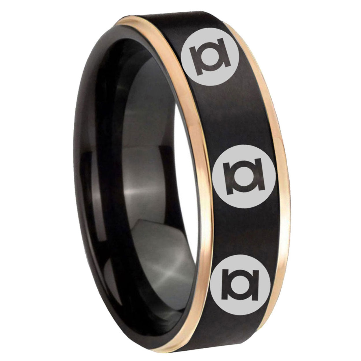 8mm Multiple Green Lantern Rose Gold Step Edge Black Unique Ring