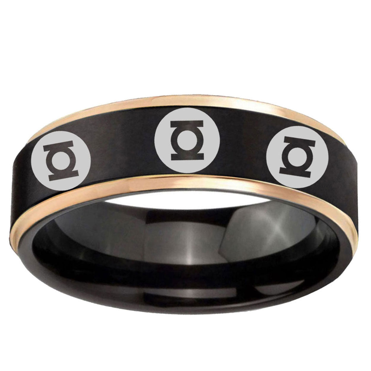 6mm Multiple Green Lantern Rose Gold Step Edge Black Unique Ring