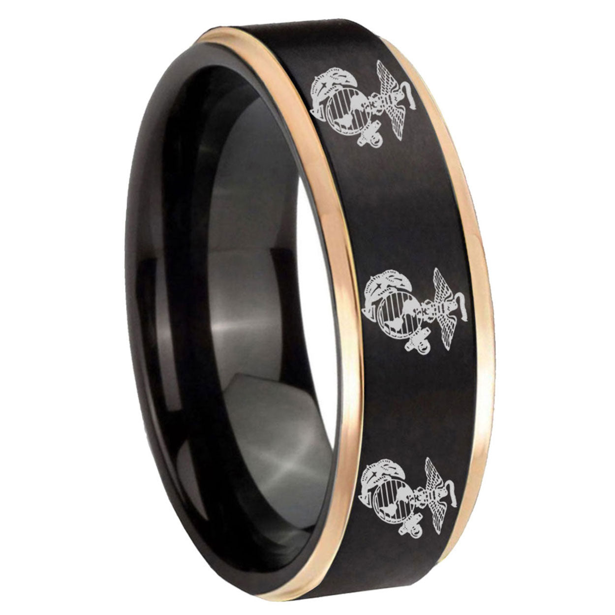 8mm Multiple Marine Rose Gold Step Edge Black Tungsten Ring