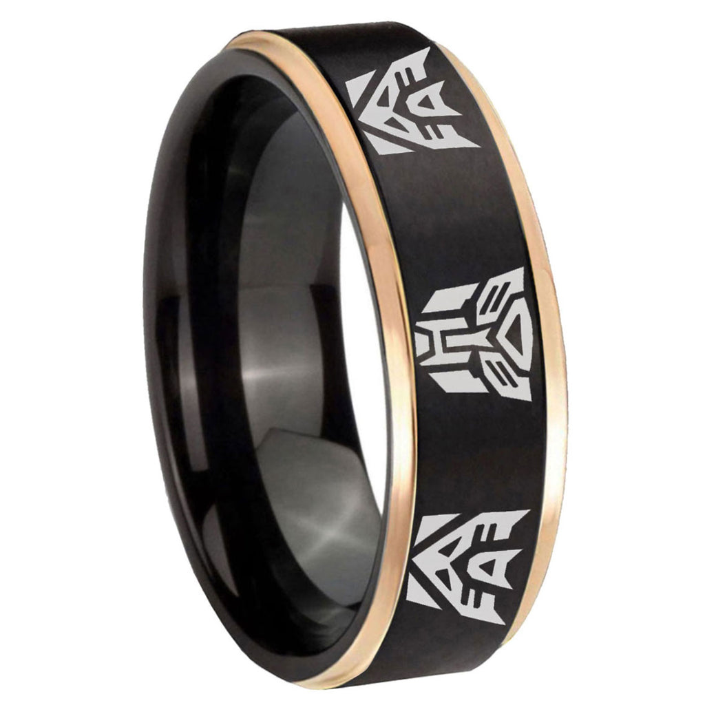 8mm Transformers Autobot Decepticon Rose Gold Step Edge Black Tungsten Ring