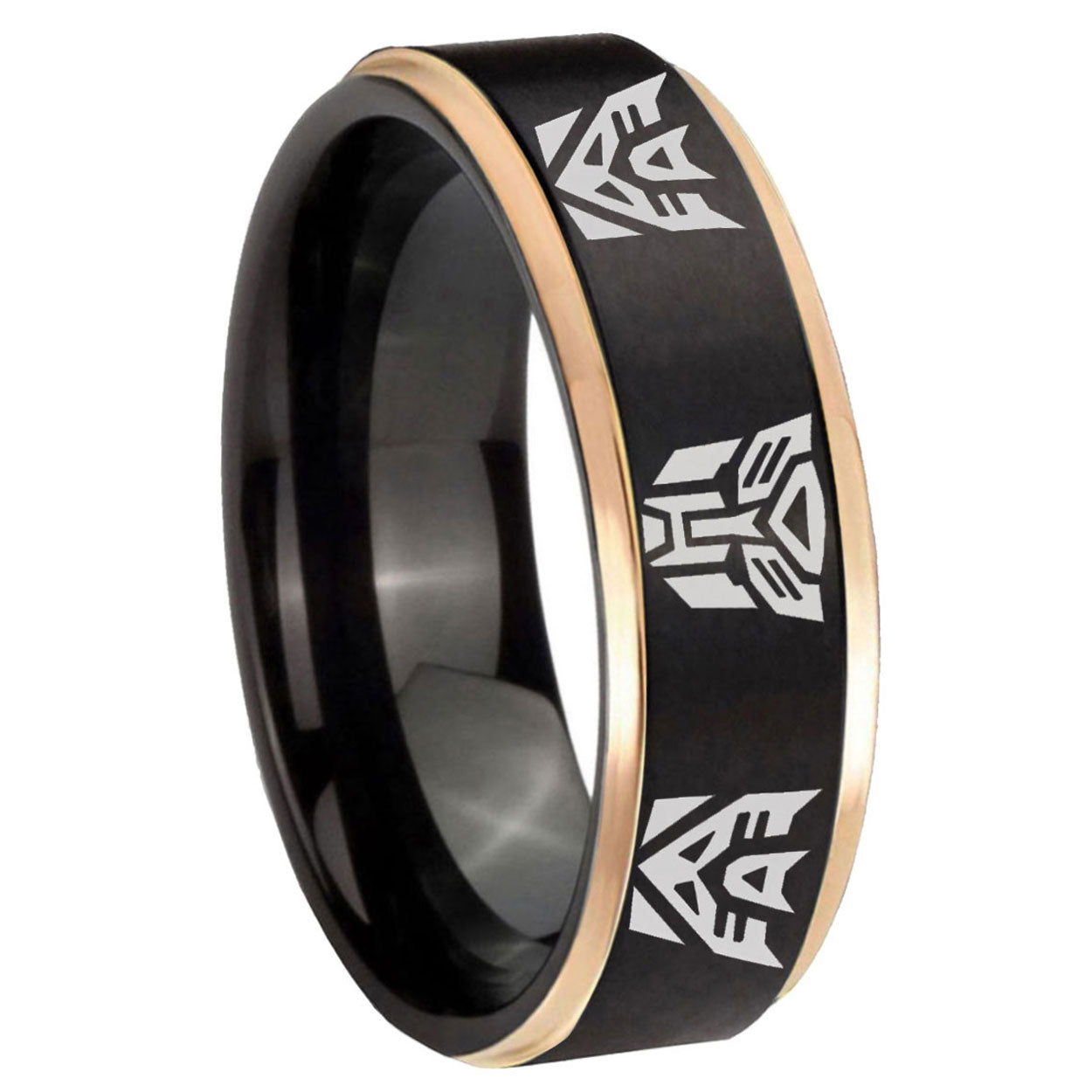 8mm Transformers Autobot Decepticon Rose Gold Step Edge Black Tungsten Ring