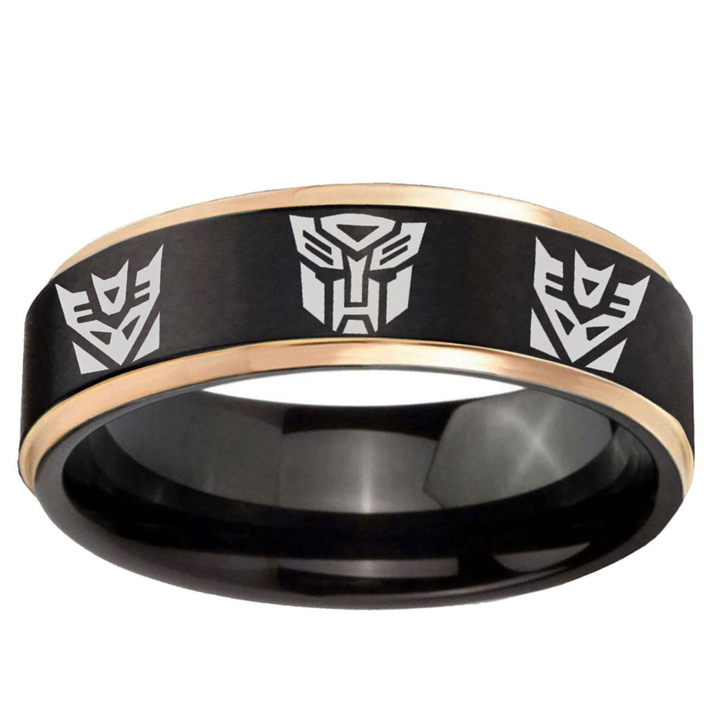 6mm Transformers Autobot Decepticon Rose Gold Step Edge Black Tungsten Ring