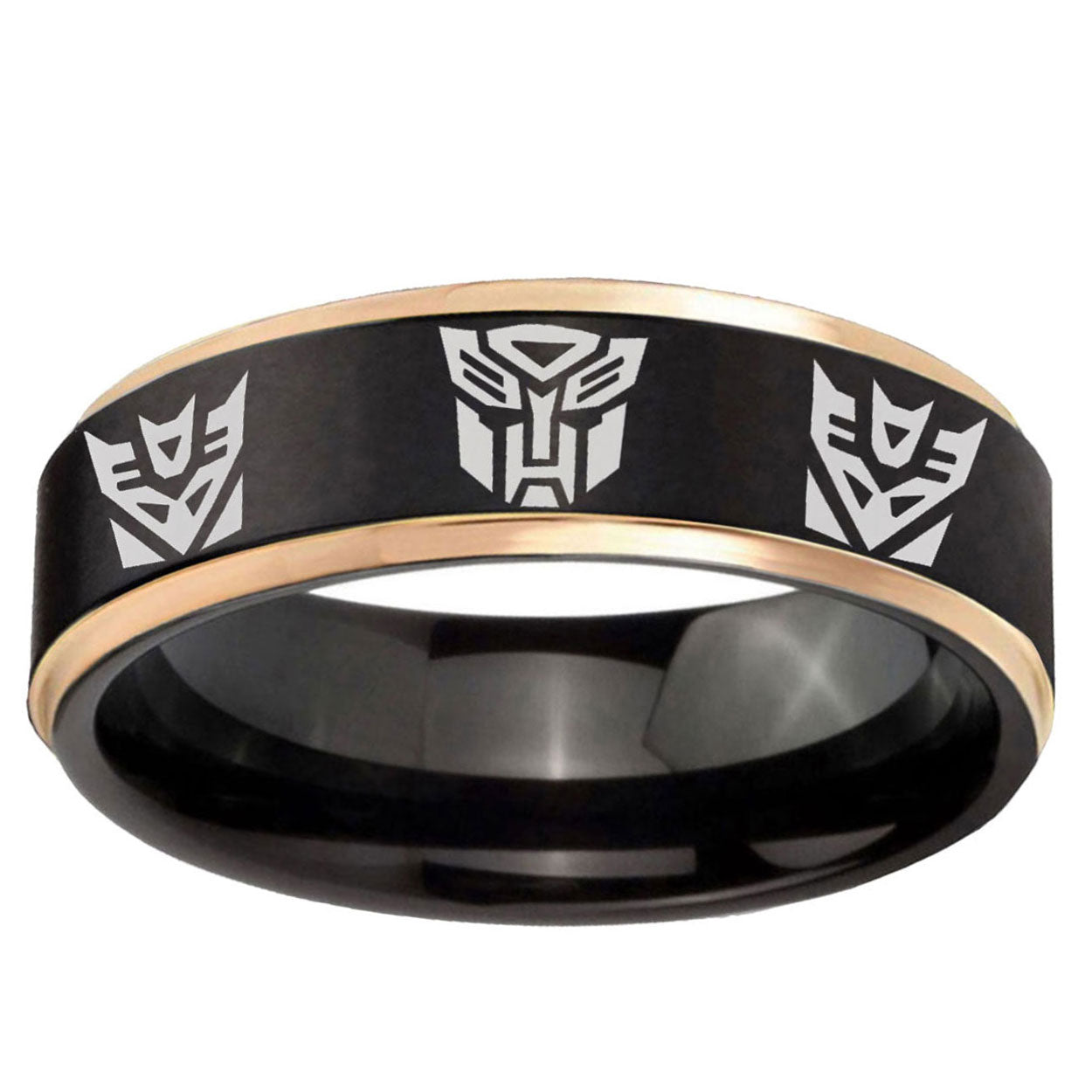 6mm Transformers Autobot Decepticon Rose Gold Step Edge Black Tungsten Ring