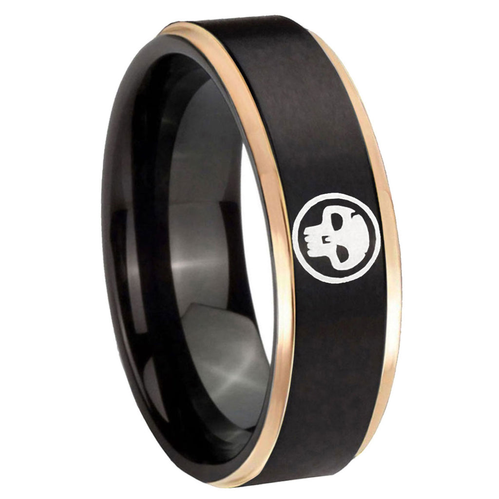 8mm Skull Rose Gold Step Edge Black Tungsten Engraved Ring