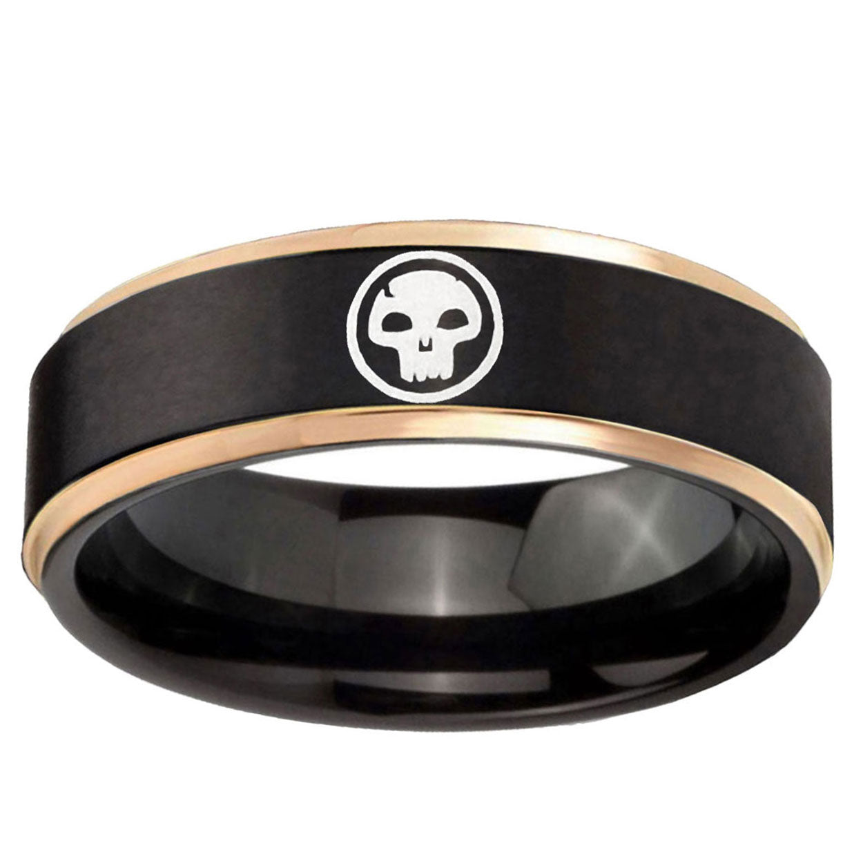 6mm Skull Rose Gold Step Edge Black Tungsten Engraved Ring
