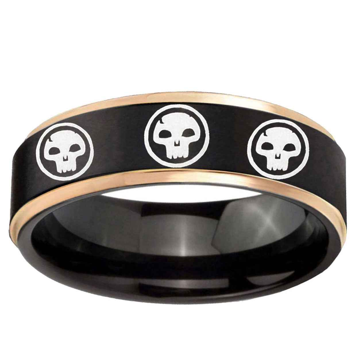 6mm Multiple Skull Rose Gold Step Edge Black Tungsten Ring