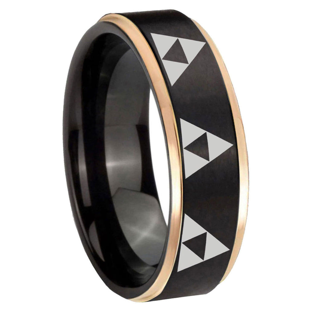 8mm Multiple Zelda Triforce Rose Gold Step Edge Black Tungsten Ring