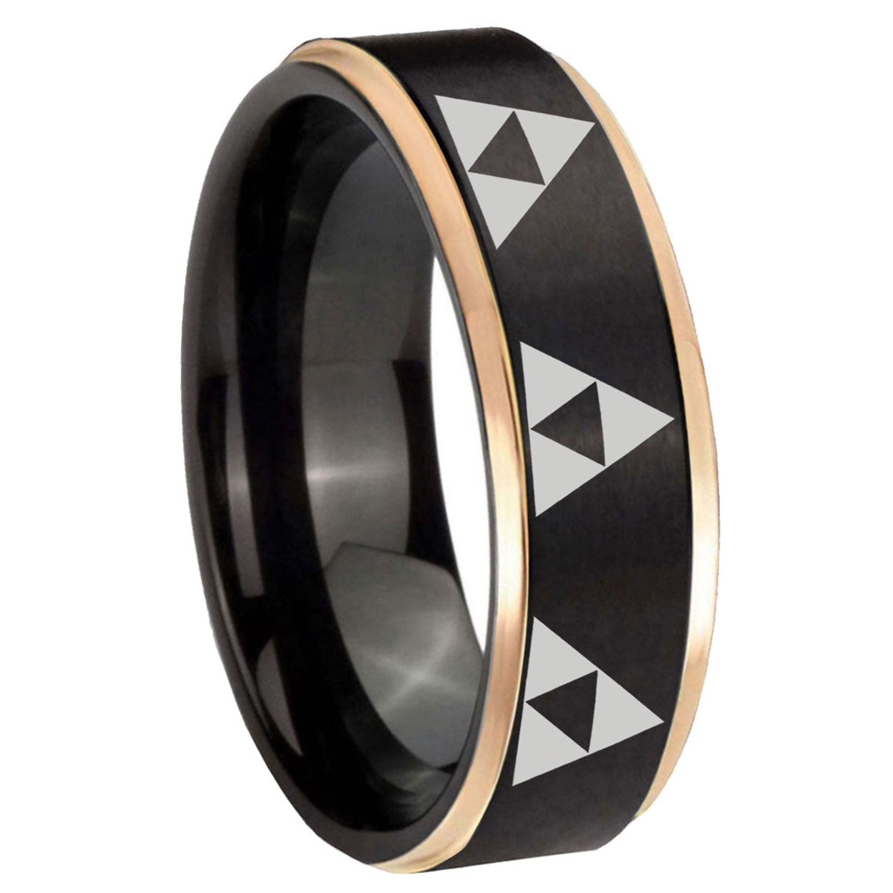 8mm Multiple Zelda Triforce Rose Gold Step Edge Black Tungsten Ring