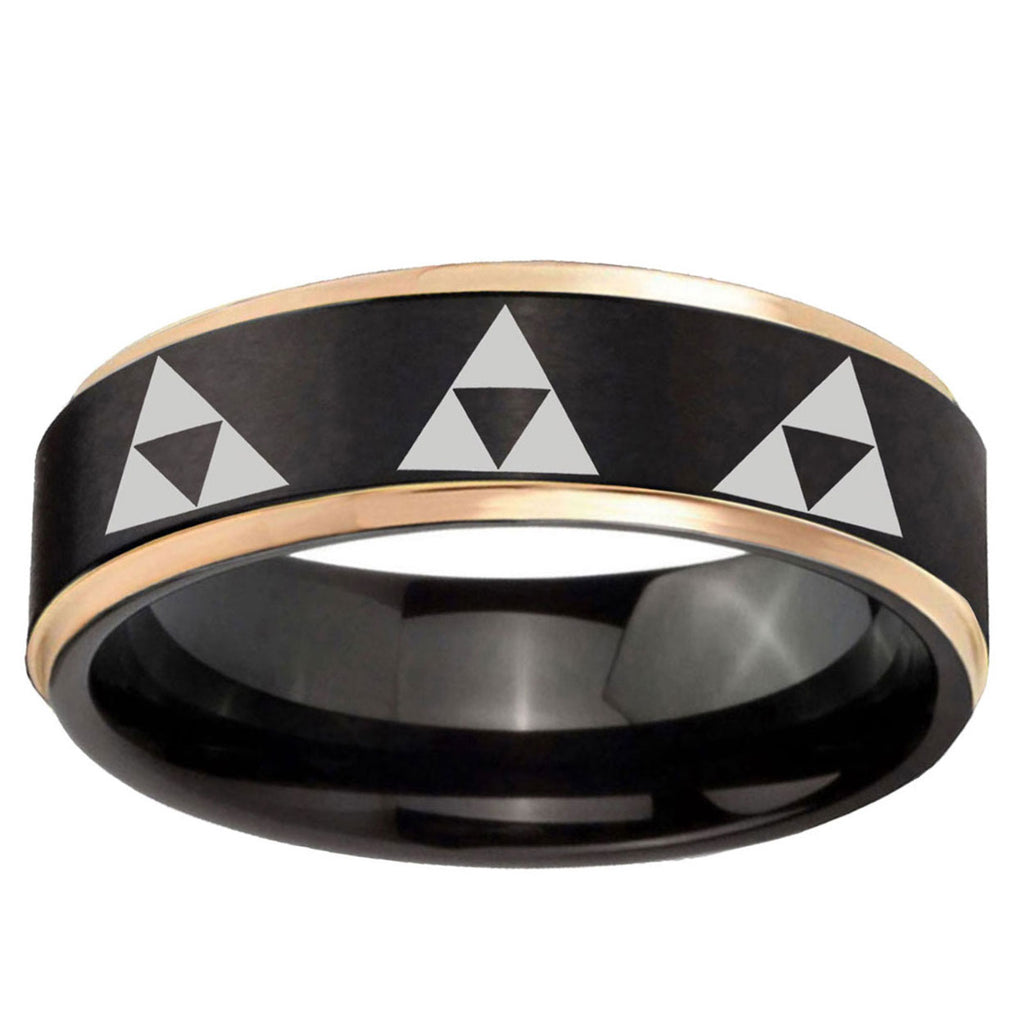 6mm Multiple Zelda Triforce Rose Gold Step Edge Black Tungsten Ring