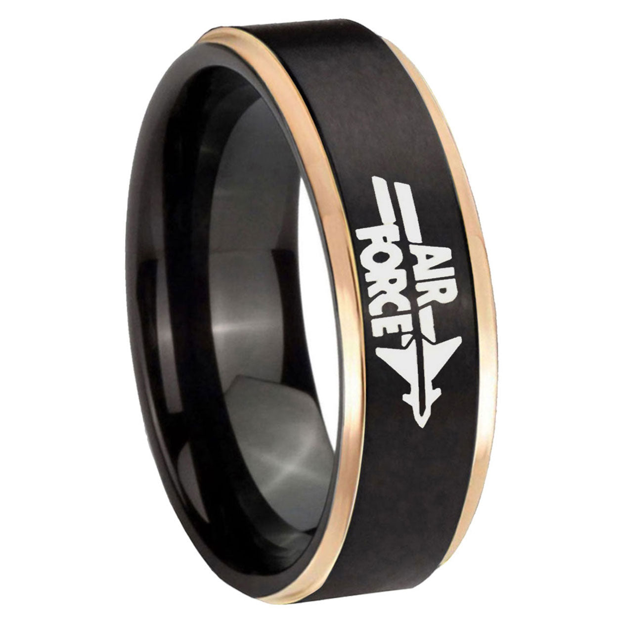 8mm Rose Gold Step Edge Black Air Force Tungsten Ring