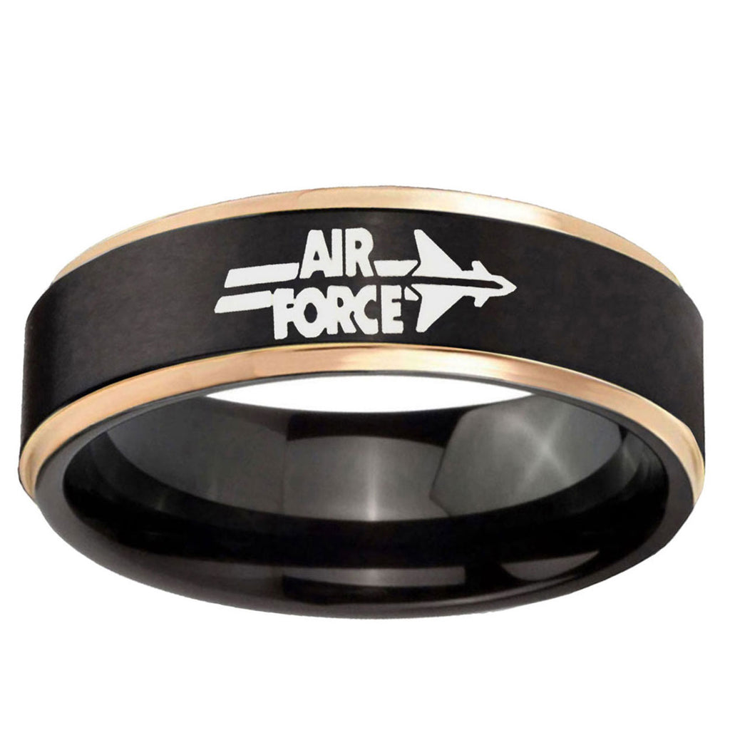 6mm Rose Gold Step Edge Black Air Force Tungsten Ring