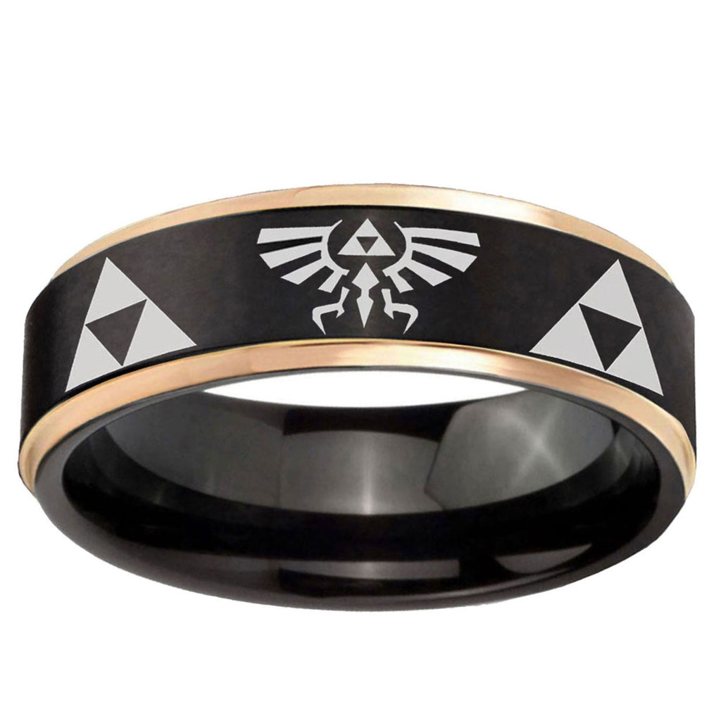 6mm Legend of Zelda Rose Gold Step Edge Black Tungsten Ring