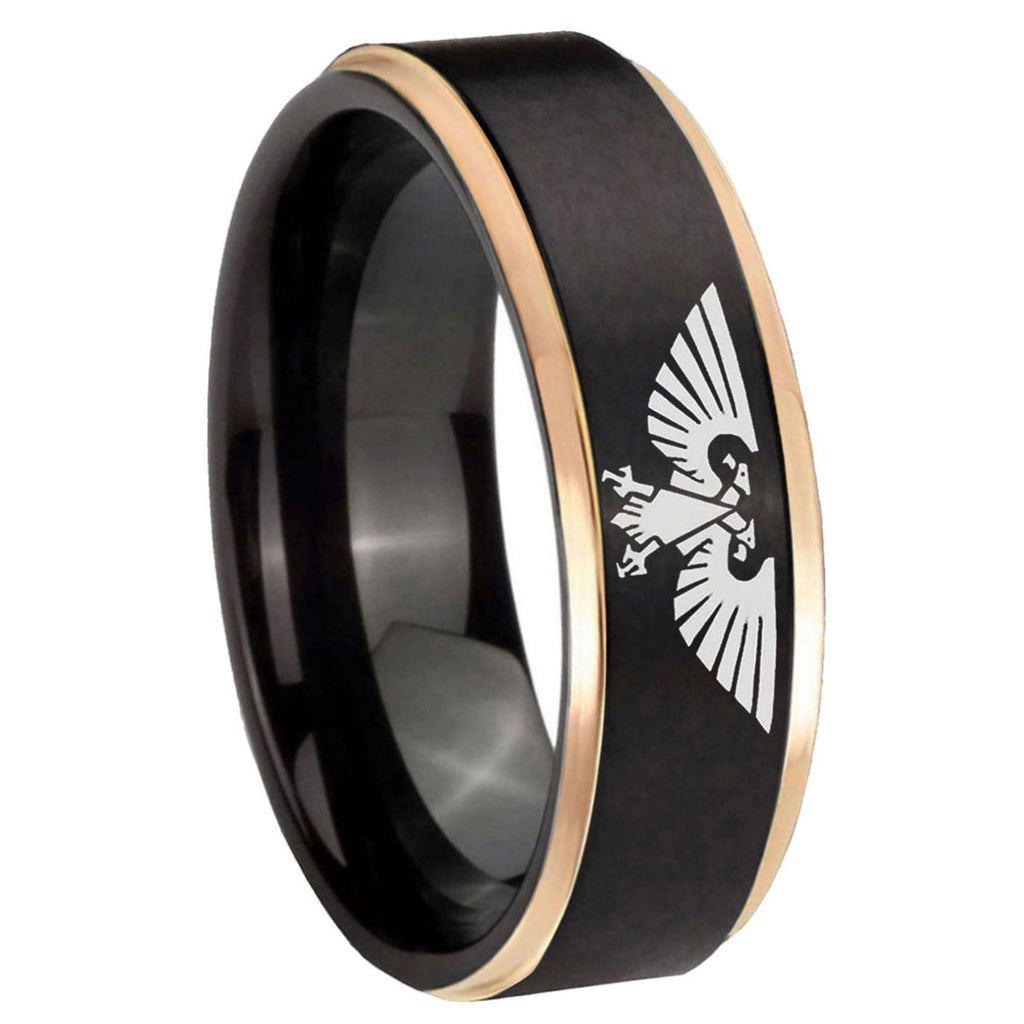 8mm Aquila Rose Gold Step Edge Black Tungsten Promised Ring