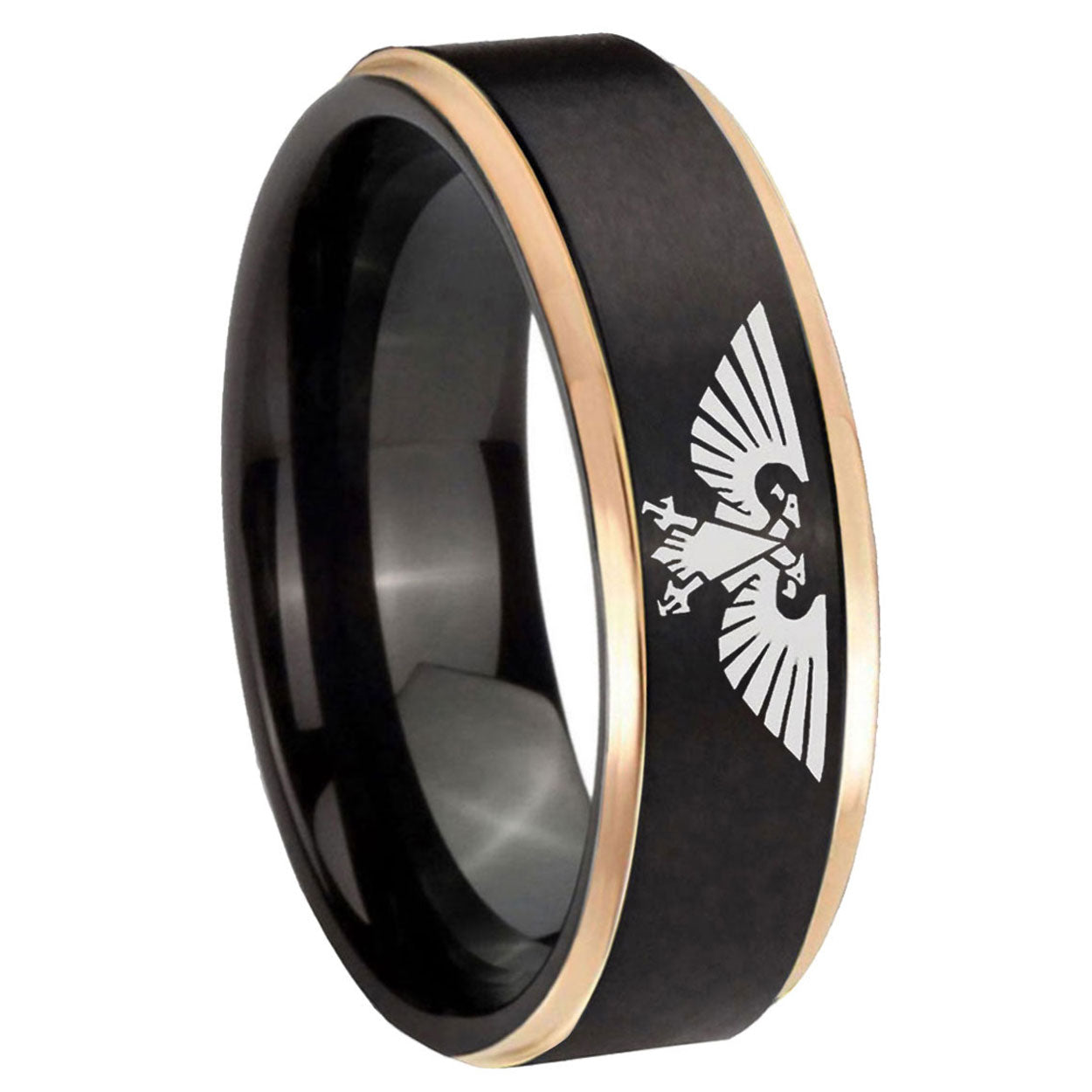 8mm Aquila Rose Gold Step Edge Black Tungsten Promised Ring
